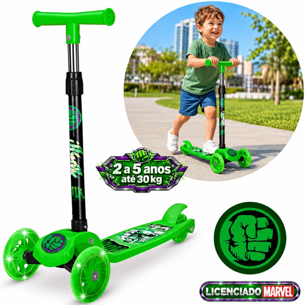 Patinete Infantil Hulk, Skate 3 Rodas, Marvel Avengers, c/ LED, Altura Ajustável, p/ Crianças +3 Anos até 30Kg