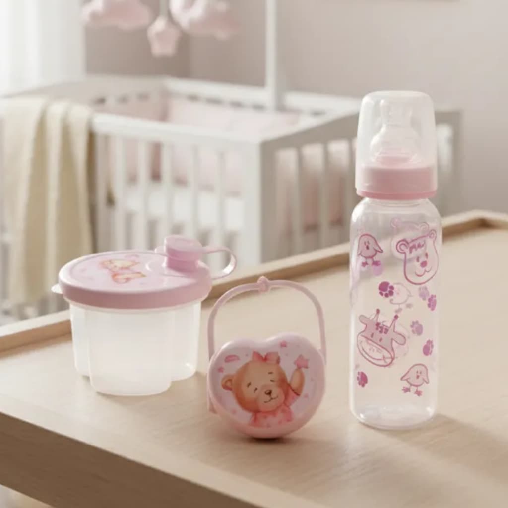 Kit Mamadeira 240ml Bico Orto + Porte dosador de Leite em pó formula 3 Divisórias com tampa giratória+ Porta Chupeta