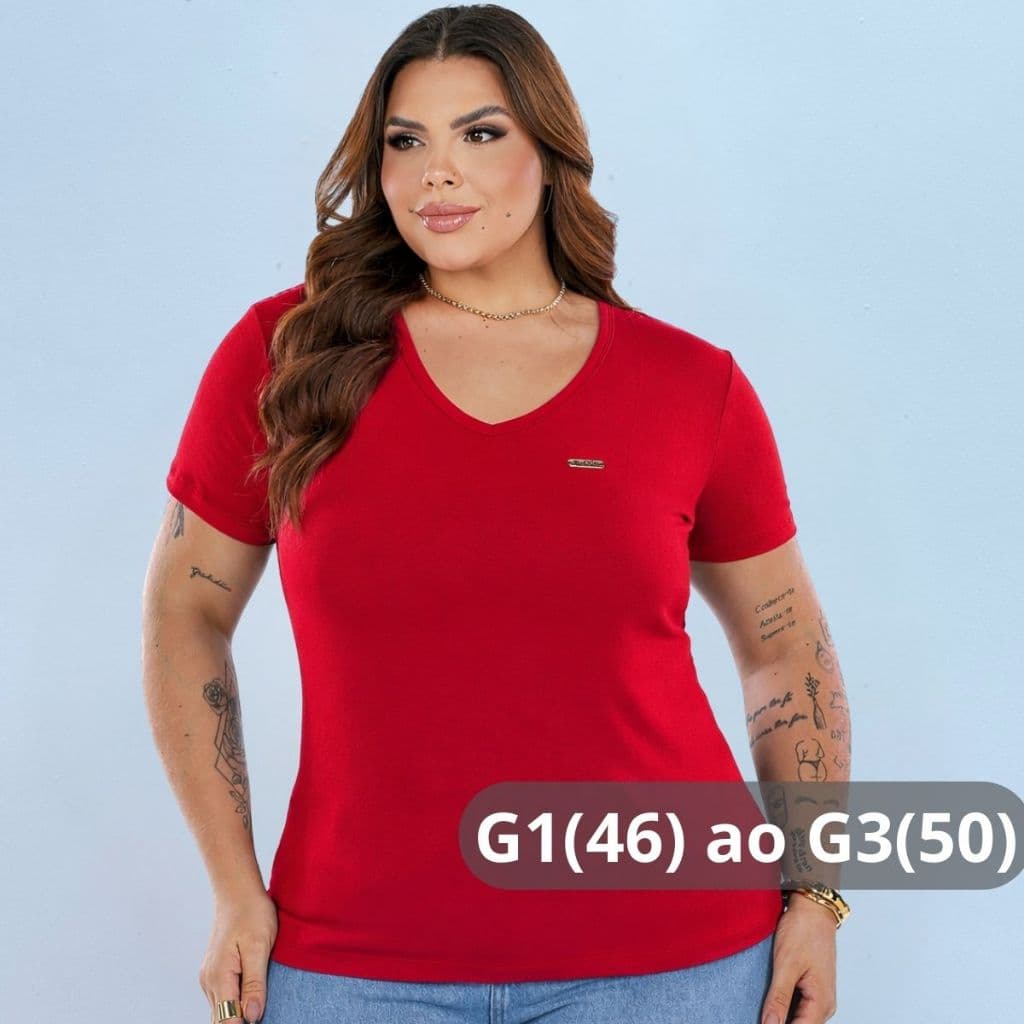 Blusa Feminina Plus Size G1 ao G3 Gola V Manga Curta Malha Viscolycra Moda Básica Confortável e Elegante Dia a Dia
