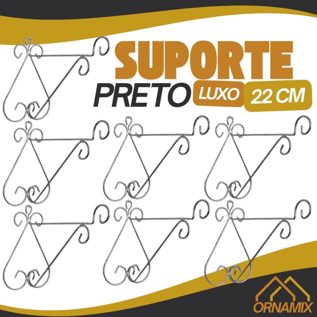 Kit 10 Suporte De Vaso Suspenso 22cm Preto Arabesco Mão Francesa Luxo Art De Parede Para Vaso Planta Suspenso