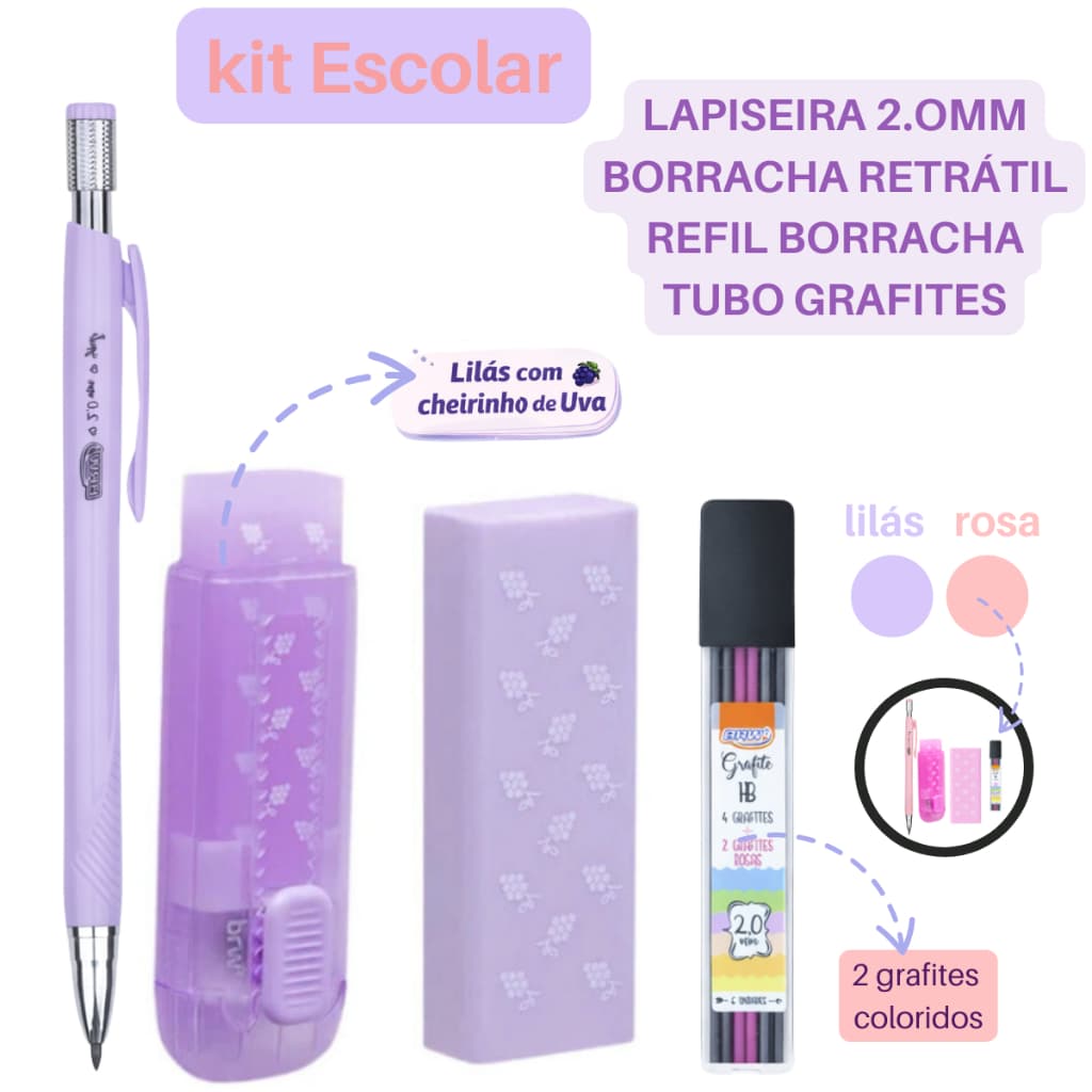 Lapiseira 2.0mm + Borracha Retrátil Perfumada + Refil + Tubo de Grafites