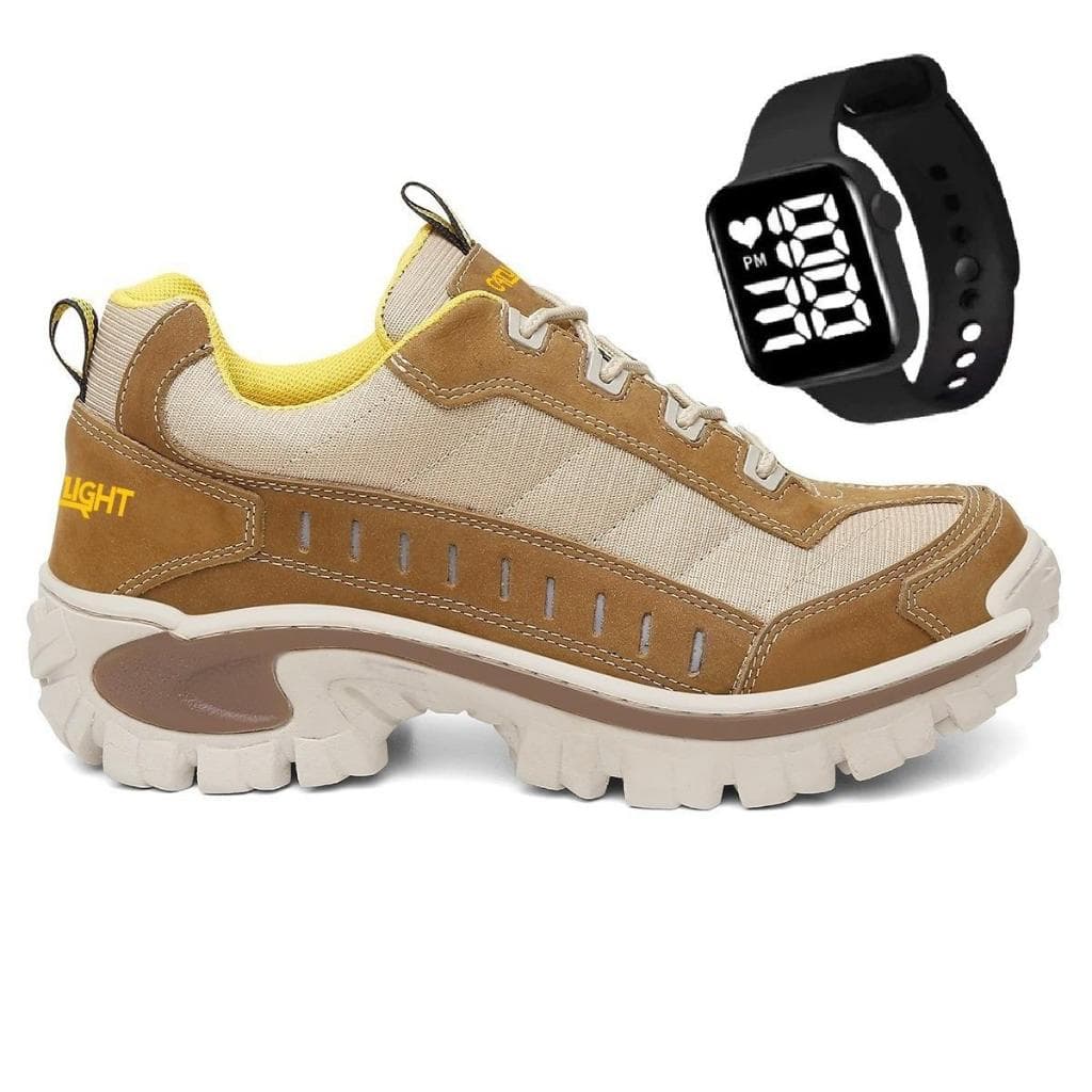 Bota Tênis Masculino Adventure Cat Couro Legítimo Macio Antiderrapante Trabalho Original + Relógio