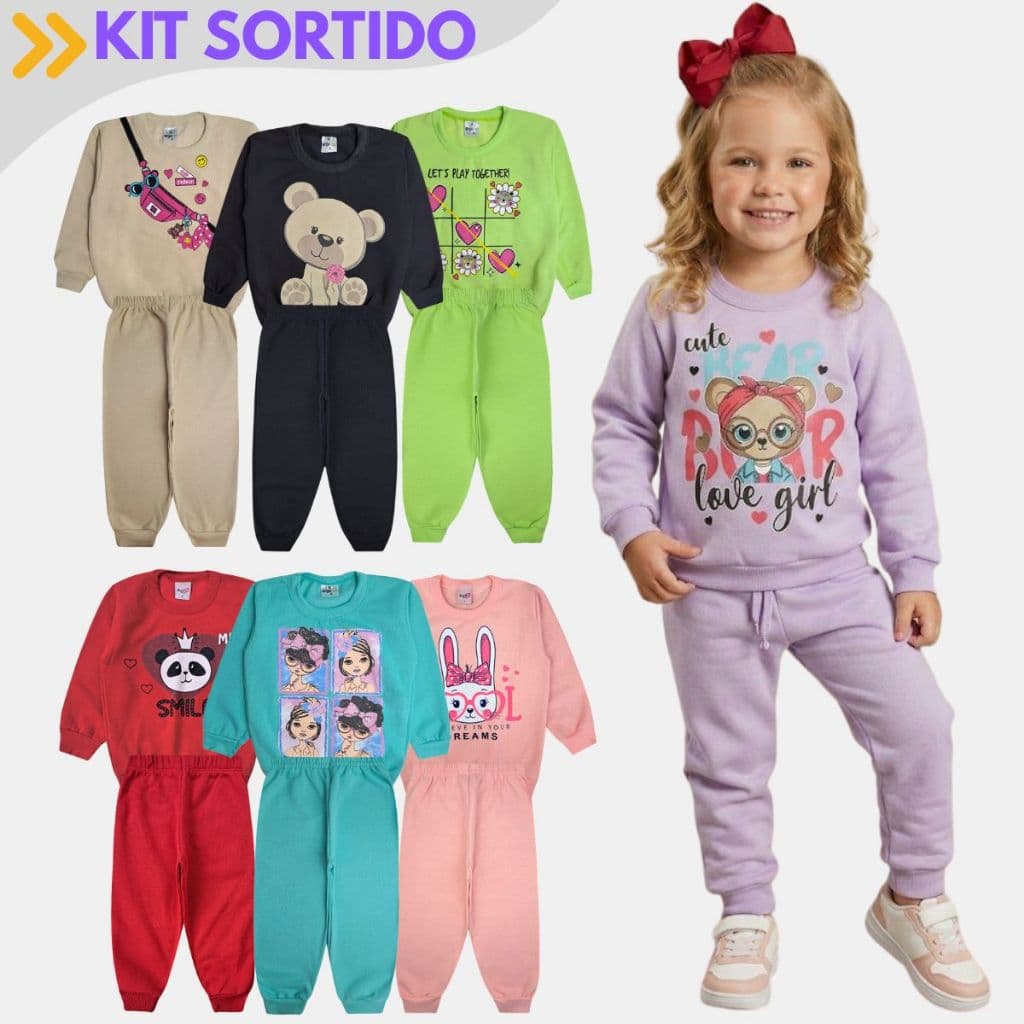 Kit 3 Conjunto Infantil Menina Moletom Peluciado Inverno Casaco + Calça Roupa de Frio 1 ao 8