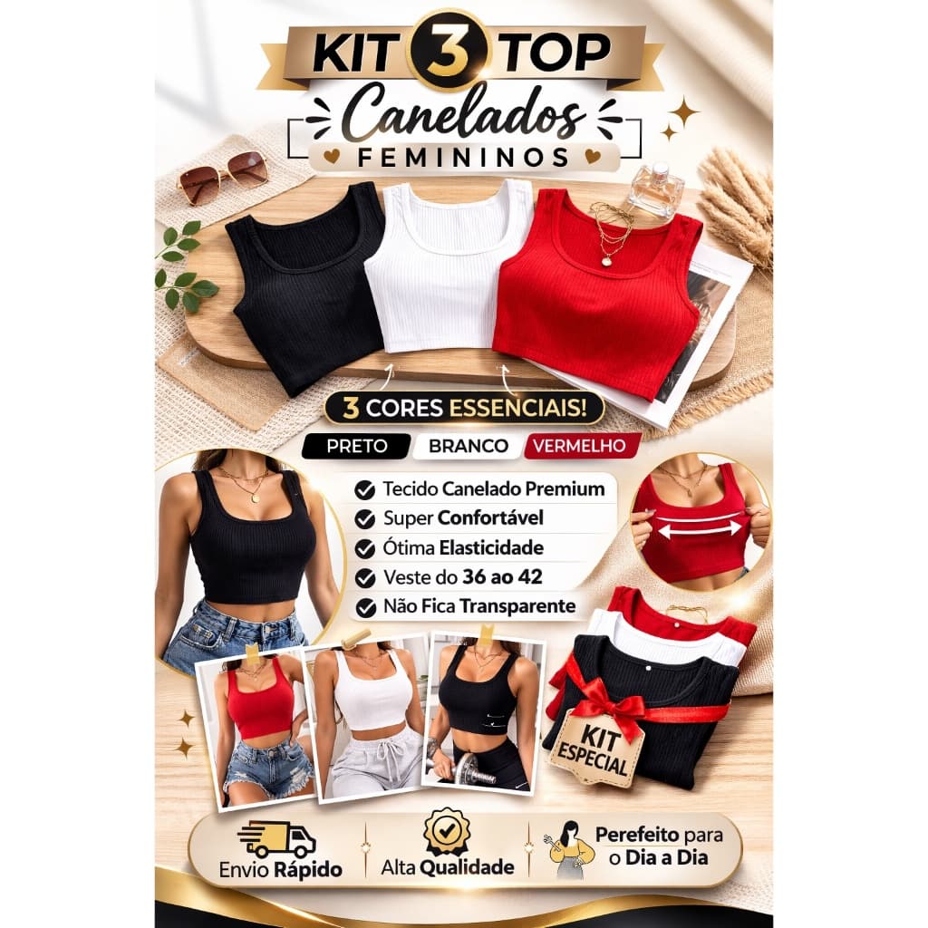 Kit 3 Top Canelado de Poliamida 90% Poliamida 10% elastano