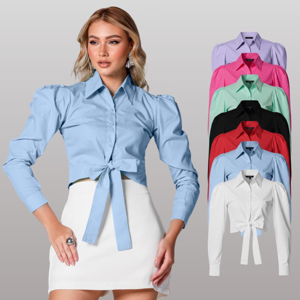 Camisa Cropped Camisete Manga Longa Alfaiataria Estilosa