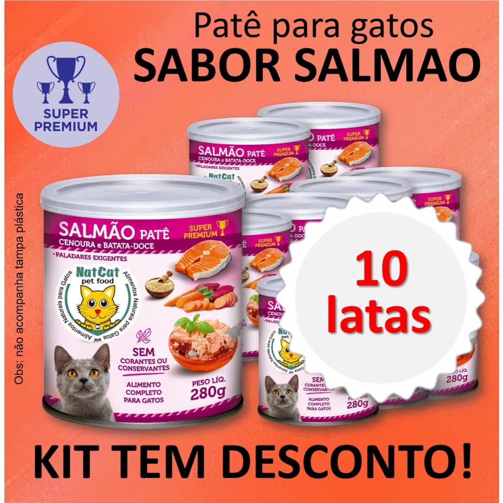 Kit Ração Úmida Patê Natural Gatos Maximo Sabor Salmão NatCat Pet Food Ração Molhada