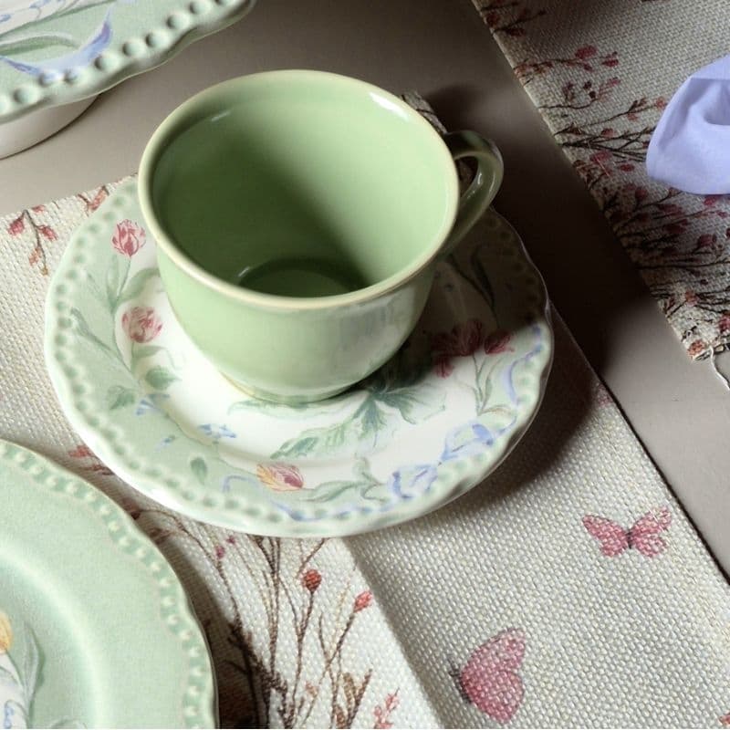 Xícara de Chá Páscoa Miss Lily 270 ml | Scalla Cerâmica Verde Floral | Café Mesa Posta Delicada