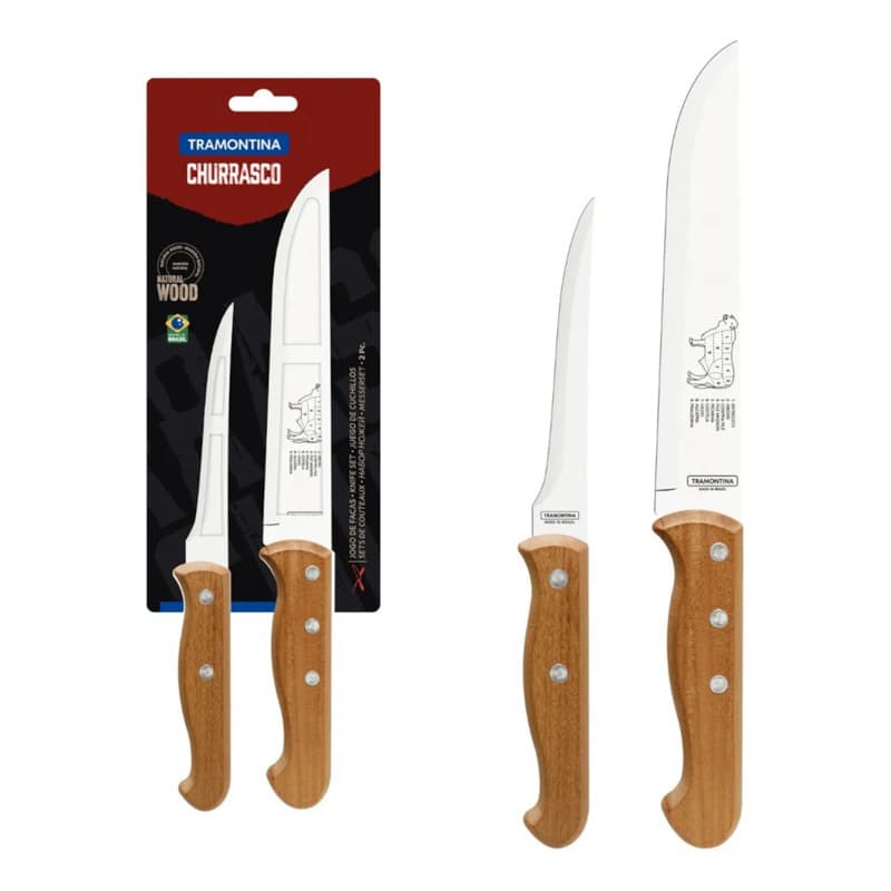 Jogo de Facas Tramontina Churrasco Inox com Cabo de Madeira 2 Peças – Faca Chef 7” + Desossar 5