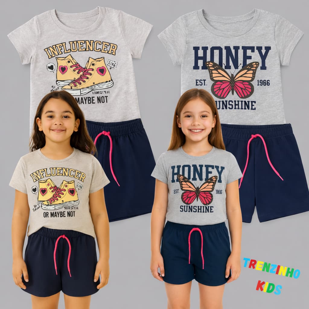 Conjunto Infantil Feminino Camiseta Estampada + Bermuda Confortável Verão Tam 10 ao 14 - SORTIDAS