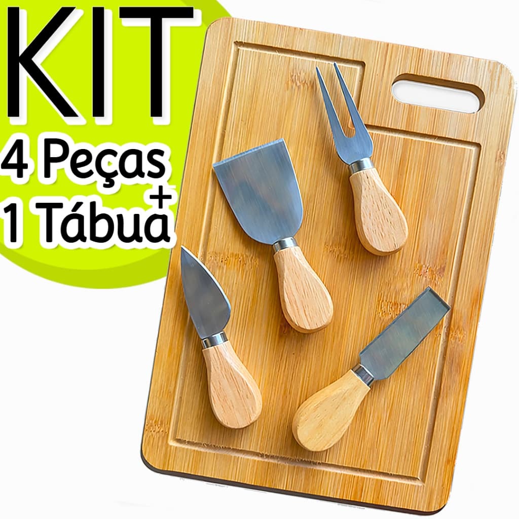 Tábua Para Servir Frios Em Bambu + Kit 4 Acessórios De Corte - Conjunto Espátula E Talheres Inox