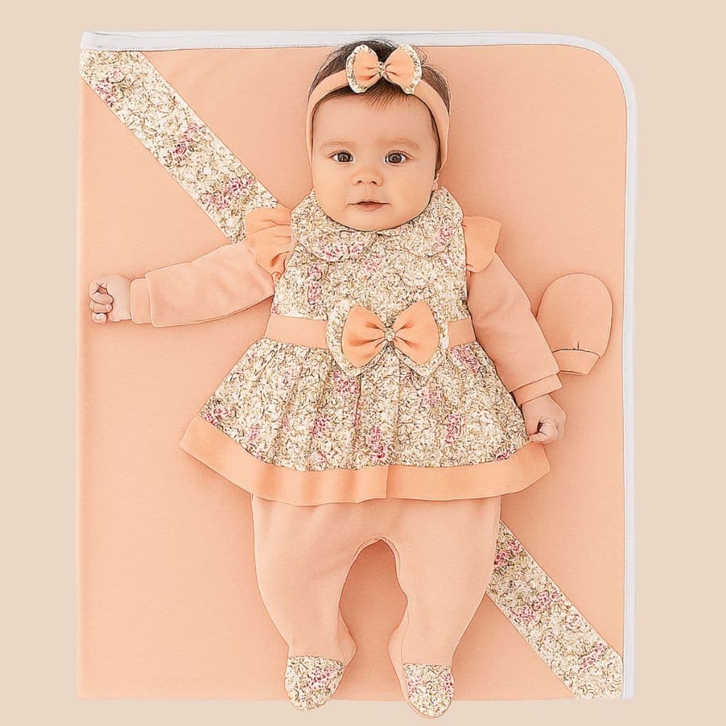 Saída Maternidade Menina Pompom Floral Salmão 5 Peças Roupas De Bebê Para Recém Nascido