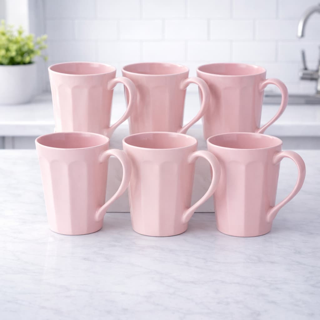 Kit 6 Canecas Porcelana 200ml Canelada Rosa Café Chá Xícara Conjunto Mesa Posta Cozinha Casa