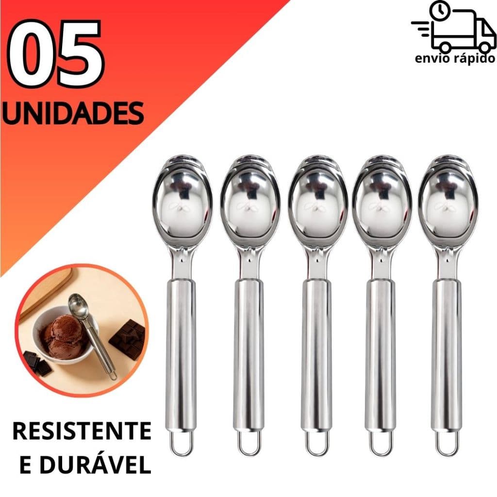 Kit 5 Colheres de Sorvete em Aço Inox Ideal para Uso Intenso e Eventos