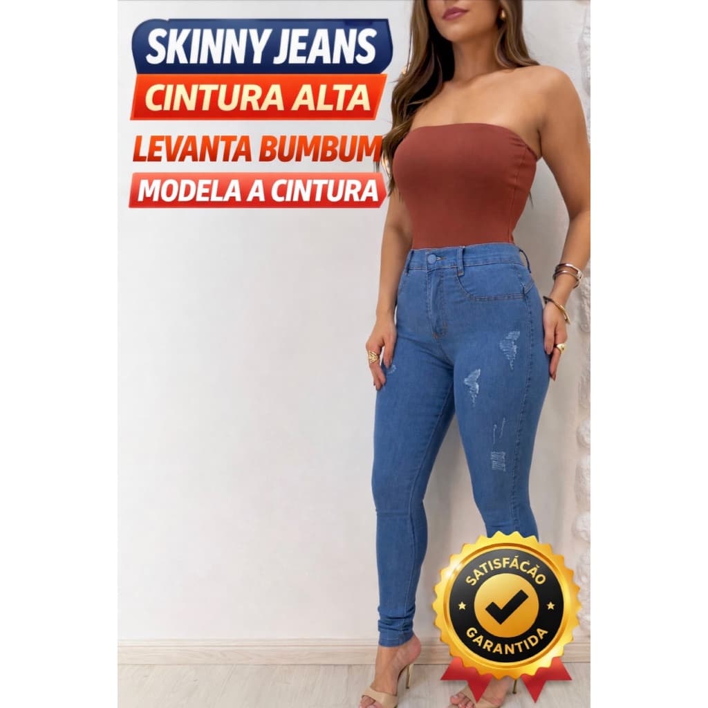 Calça Jeans Skinny Feminina Cintura Alta Modeladora Levanta Bumbum