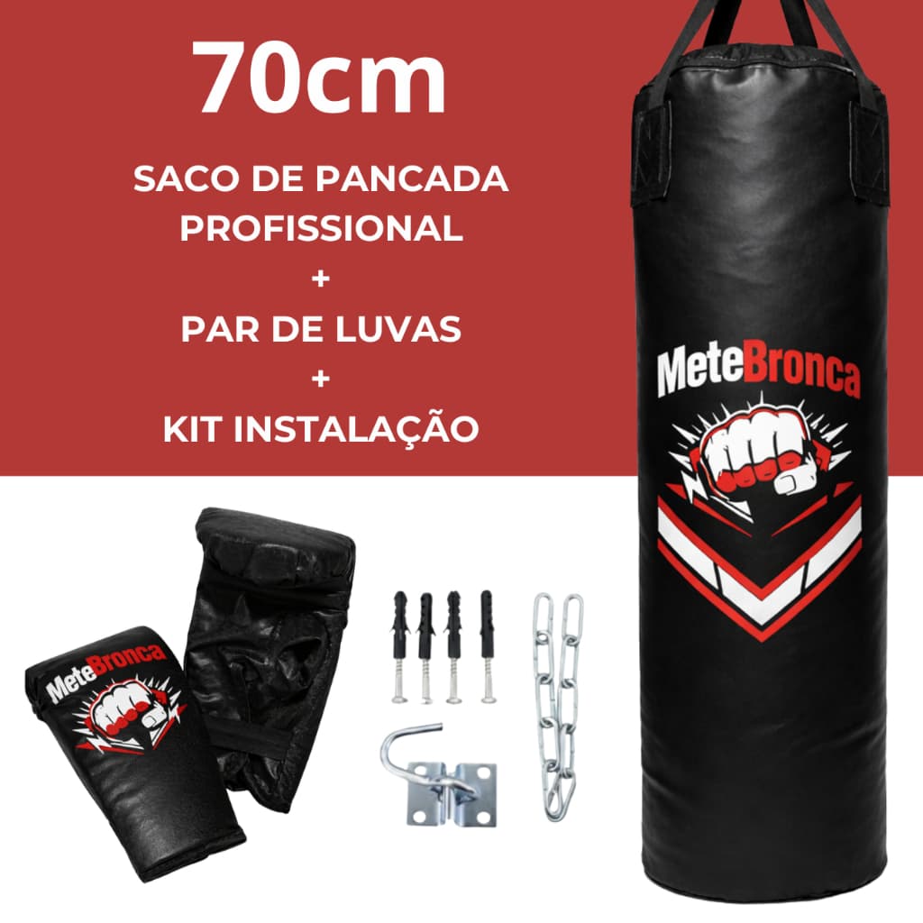 Saco de pancada Boxe 72cm + Par de luvas + Suporte Mete Bronca