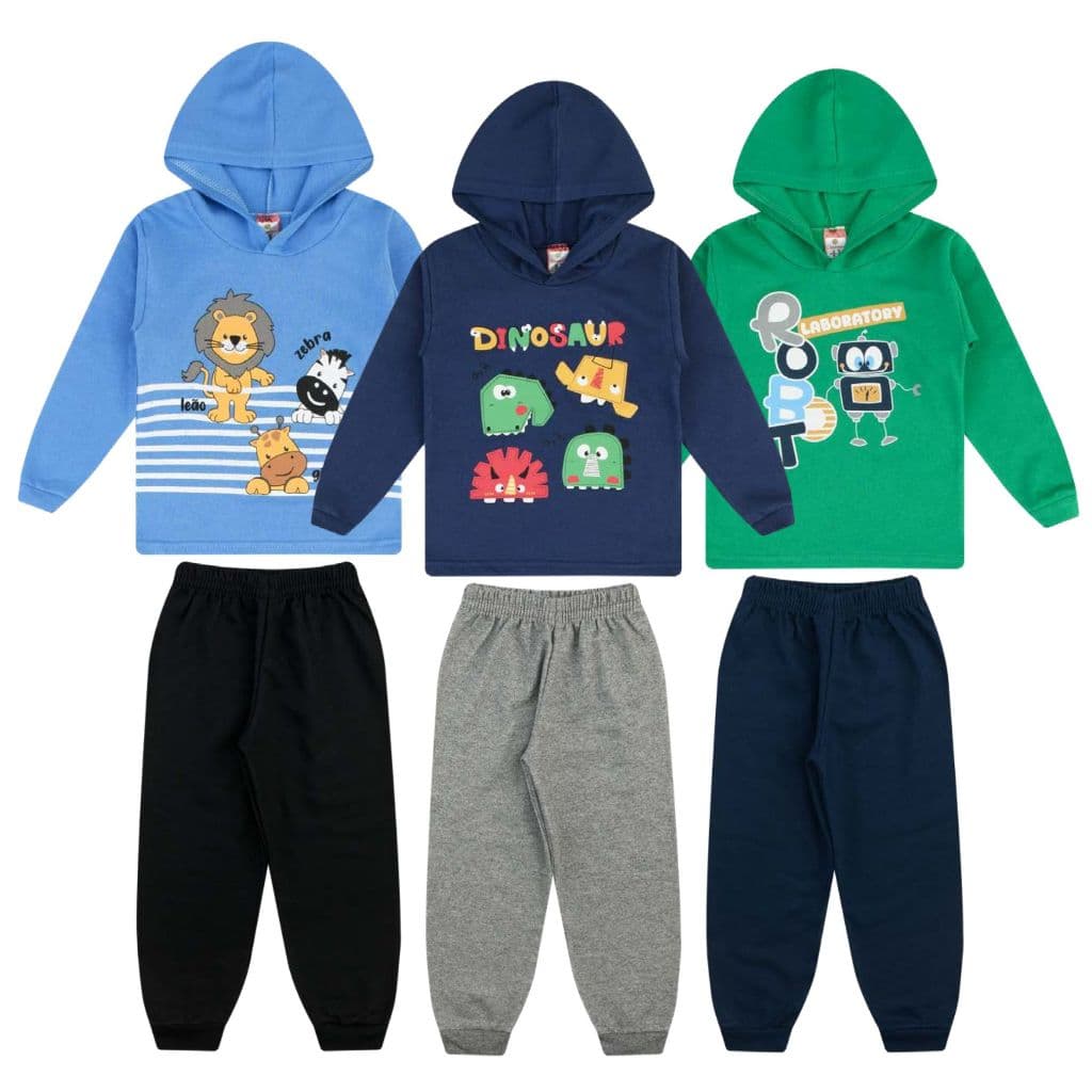 Kit com 03 Conjuntos Infantil Inverno Menino Moletom Capuz Conforto e Estilo 1 ao 8