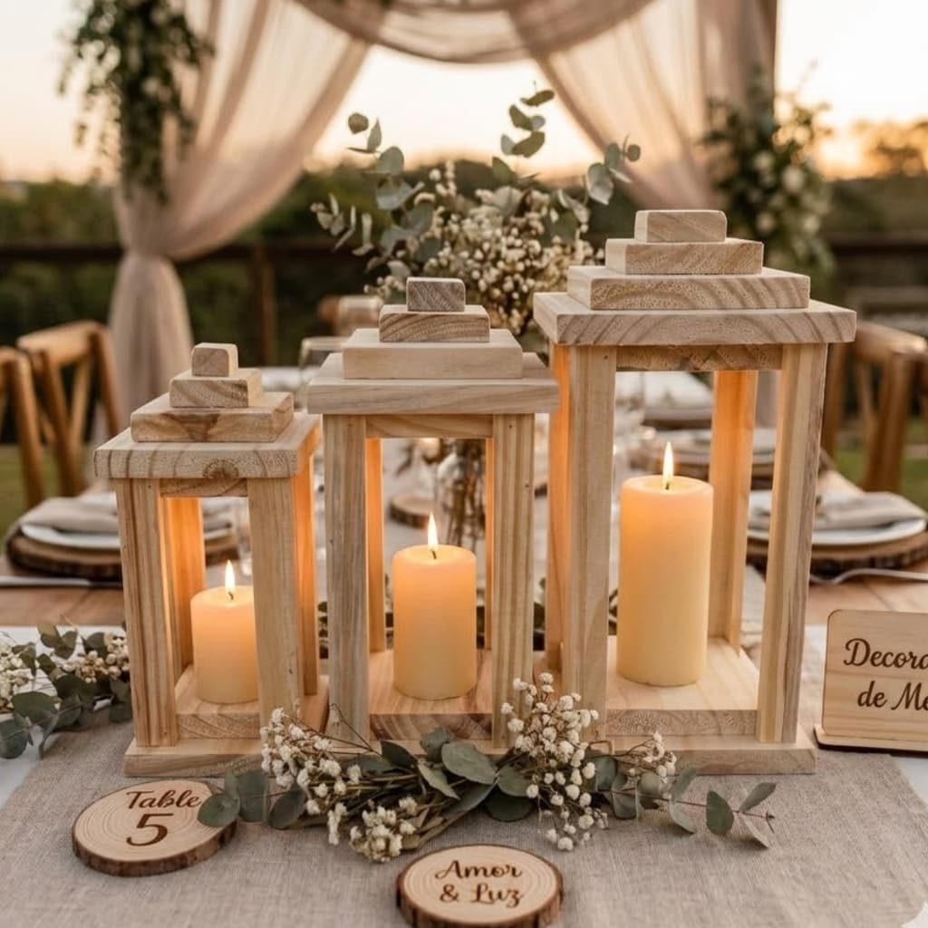 Lanternas Decorativas Madeira Pinus Rústica Kit 3  Luminária de Chão para Casamento, Decoração e Eventos
