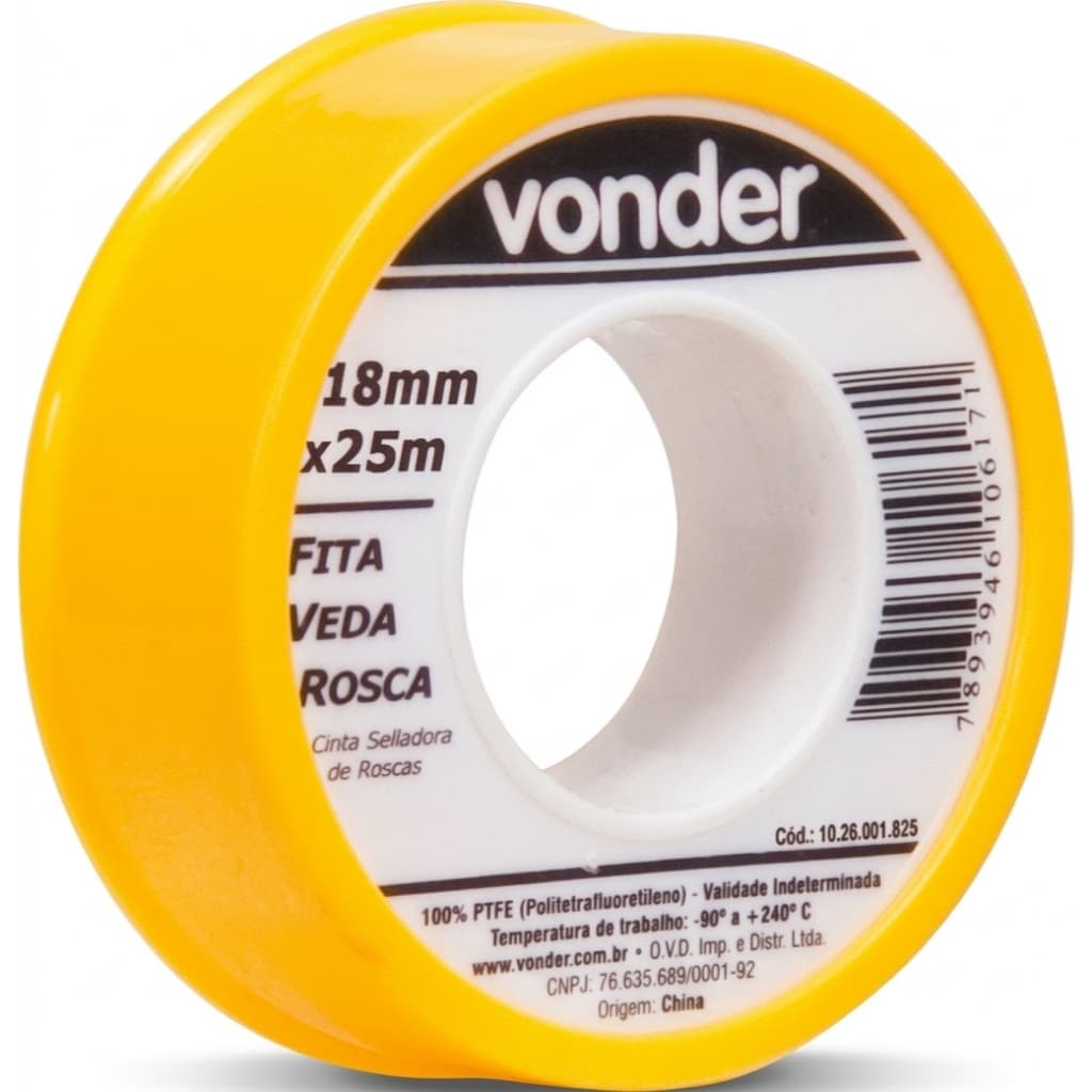 Rolo Fita Veda Rosca Vonder 18mm x 25m PTFE com Estojo Protetor