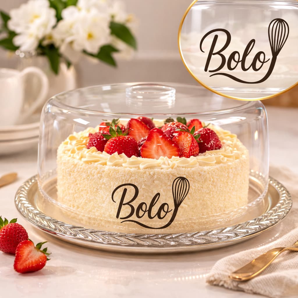Porta Bolo com Tampa Boleira 26cm  Acrílico  Transparente Grande Bordas Decoradas