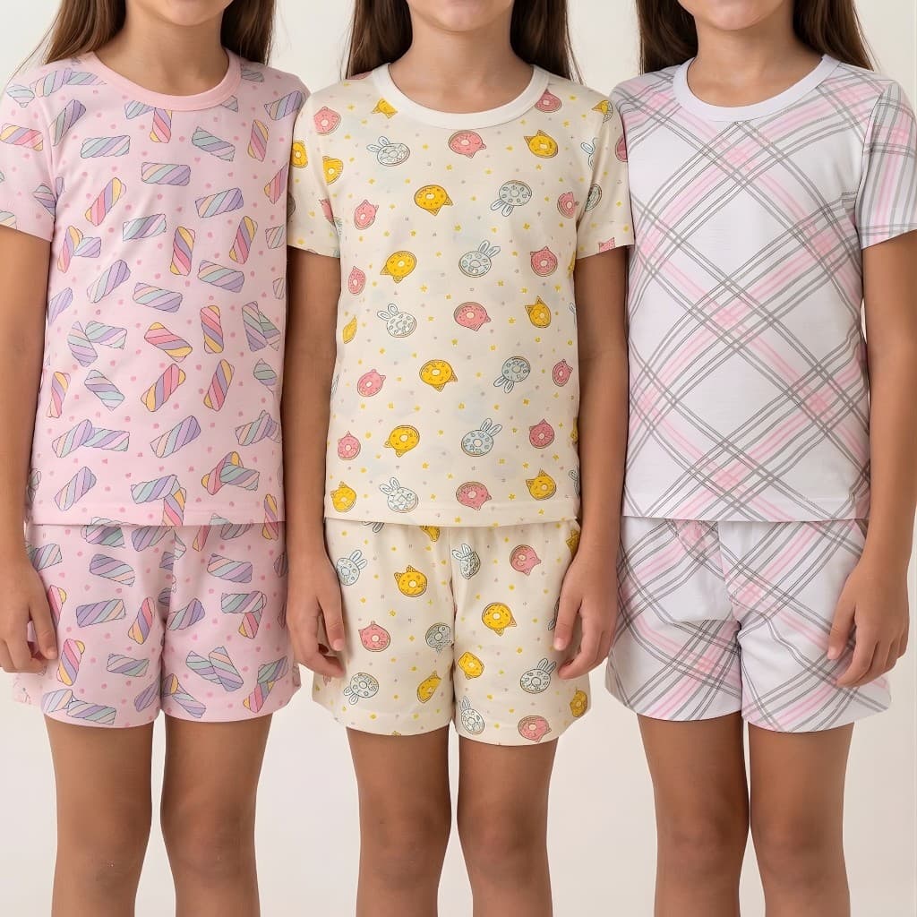 Kit 3 ou 5 Conjuntos Pijamas Infantil Menina Blusa + Shorts Verão Estampas Sortidas 2 a 12 anos
