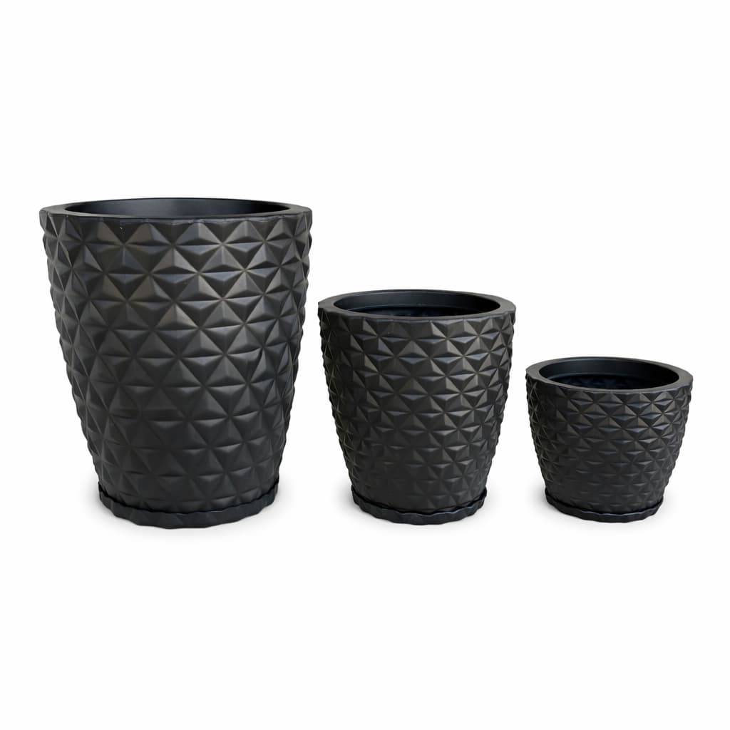 Kit 3 Vasos Decorativos Diamante 3D Preto para Plantas e Flores Cone Redondo Polietileno com Prato Nº1 Nº2 Nº3