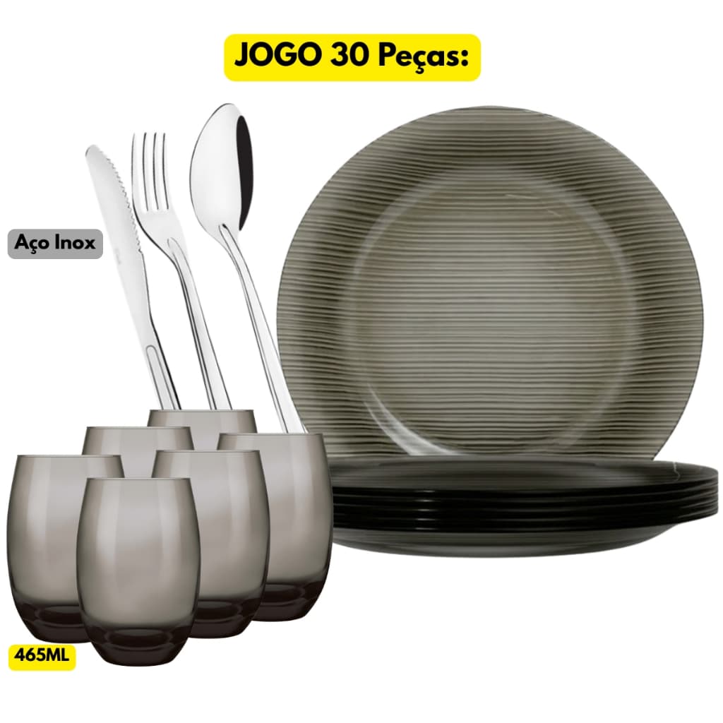 Jogo Kit 30 Peças Pratos Raso Vidro Duralex Diamante Preto + 6 Copos Aruba Fumê 465ML + 18 Talheres Inox