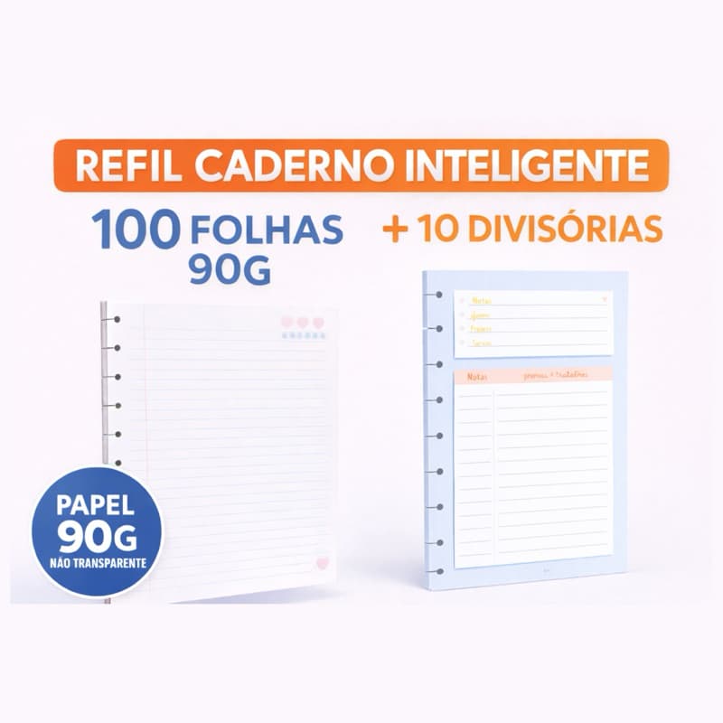 Refil Caderno Inteligente A4 universitário 100 Folhas 90g Pautado + Divisórias