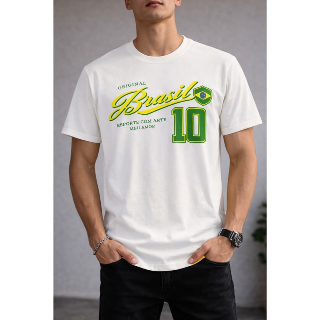 Camiseta Camisa Basica Brasil Masculina Estilo Retrô Vintage Copa Futebol  100% Algodao
