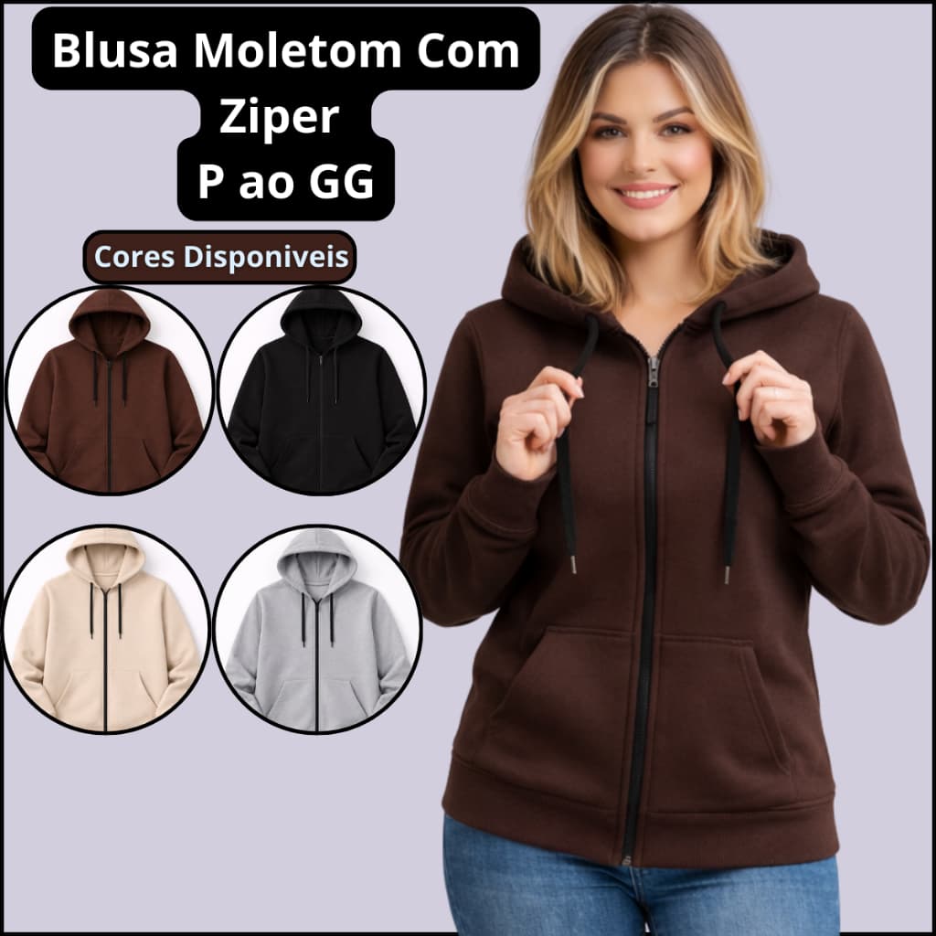 Blusa De Frio Casaco Moletom com Ziper Masculina Flanelada Bolso Canguru Lisa