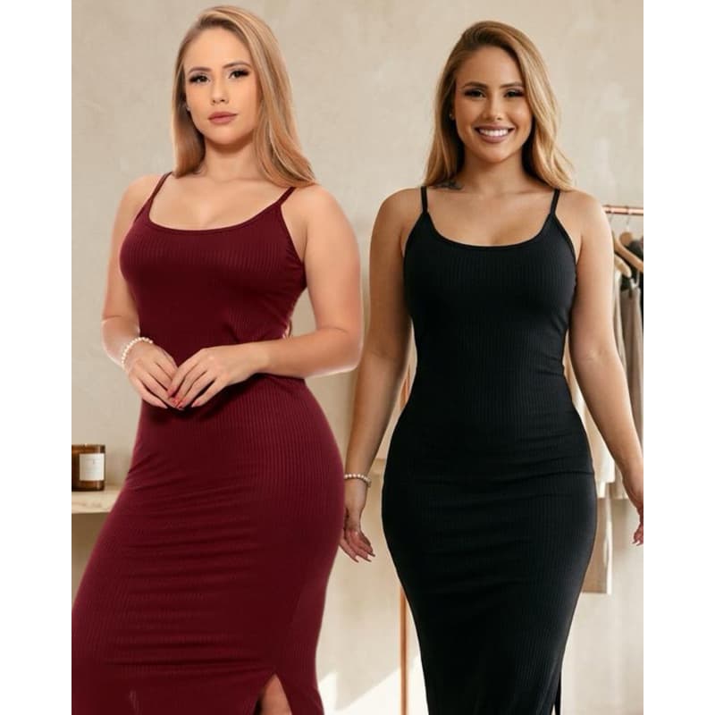 Kit 2 Vestido Canelado Longo Festa Alça Fenda Lateral Moda Feminina Casual