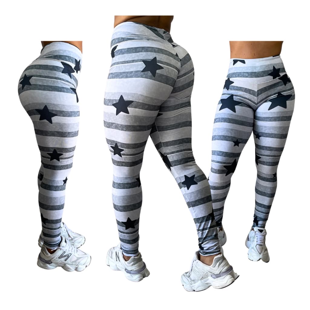 Calça Legging Feminina Estampada Listrada com Estrelas Cintura Alta Academia Fitness