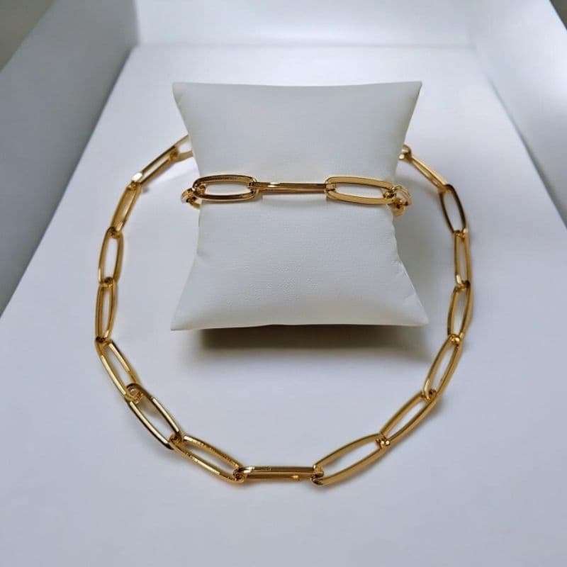 Conjunto Colar e Pulseira Elo Cadeado Aço com Banho Duplo Verniz Italiano.