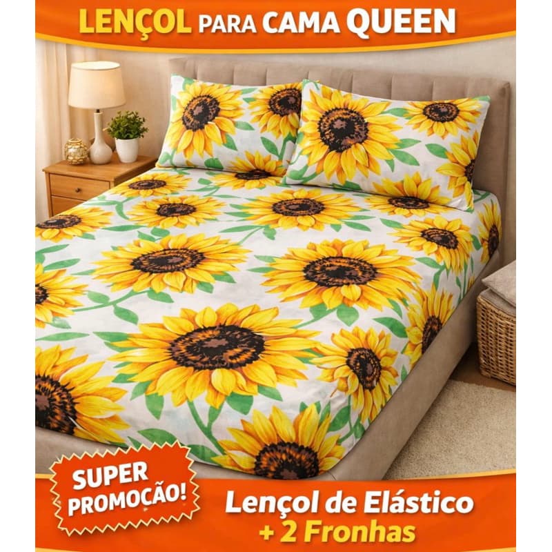 Kit lençol queen de malha 100% algodão com fronhas estampa de girassol - 3 peças