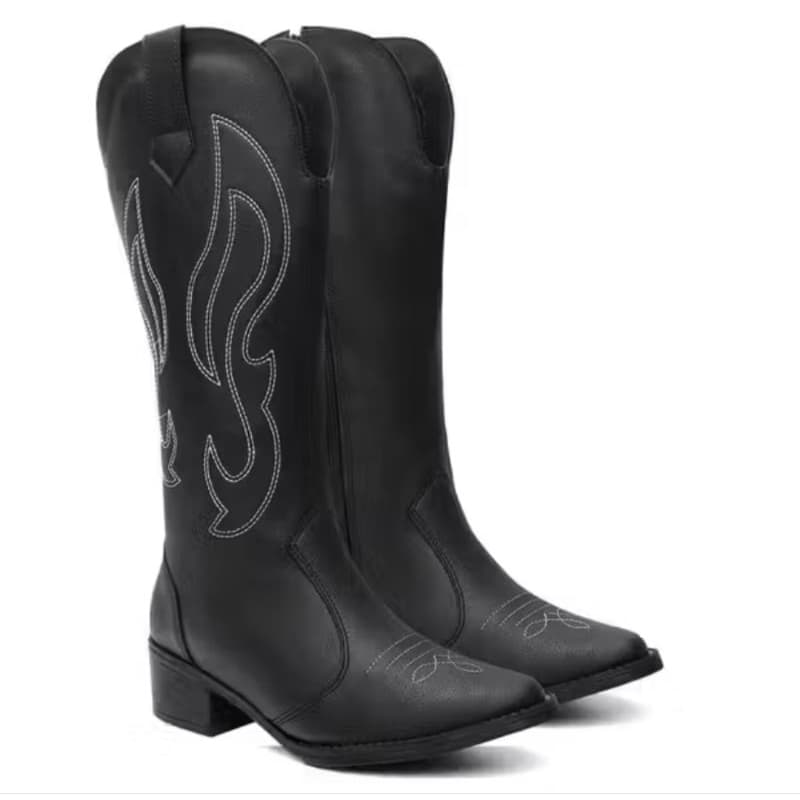 Bota Texana Feminina Elegante Bordada Salto Bloco Com Zíper Estilo Boiadeira