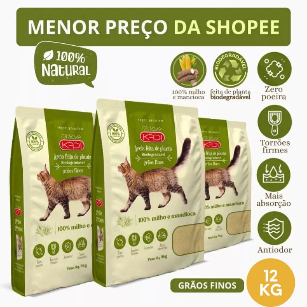 Areia Biodegradável Kadi Grãos Finos Gato 12 KG Grão Cat Milho Mandioca Bio (3 pacotes de 4 kg)