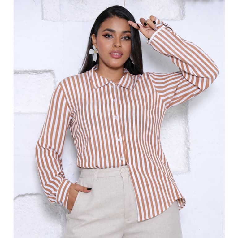 Camisa Feminina Listrada Manga Longa Veste M e G Tecido Duna Elegante Social Moderna Pronta Entrega