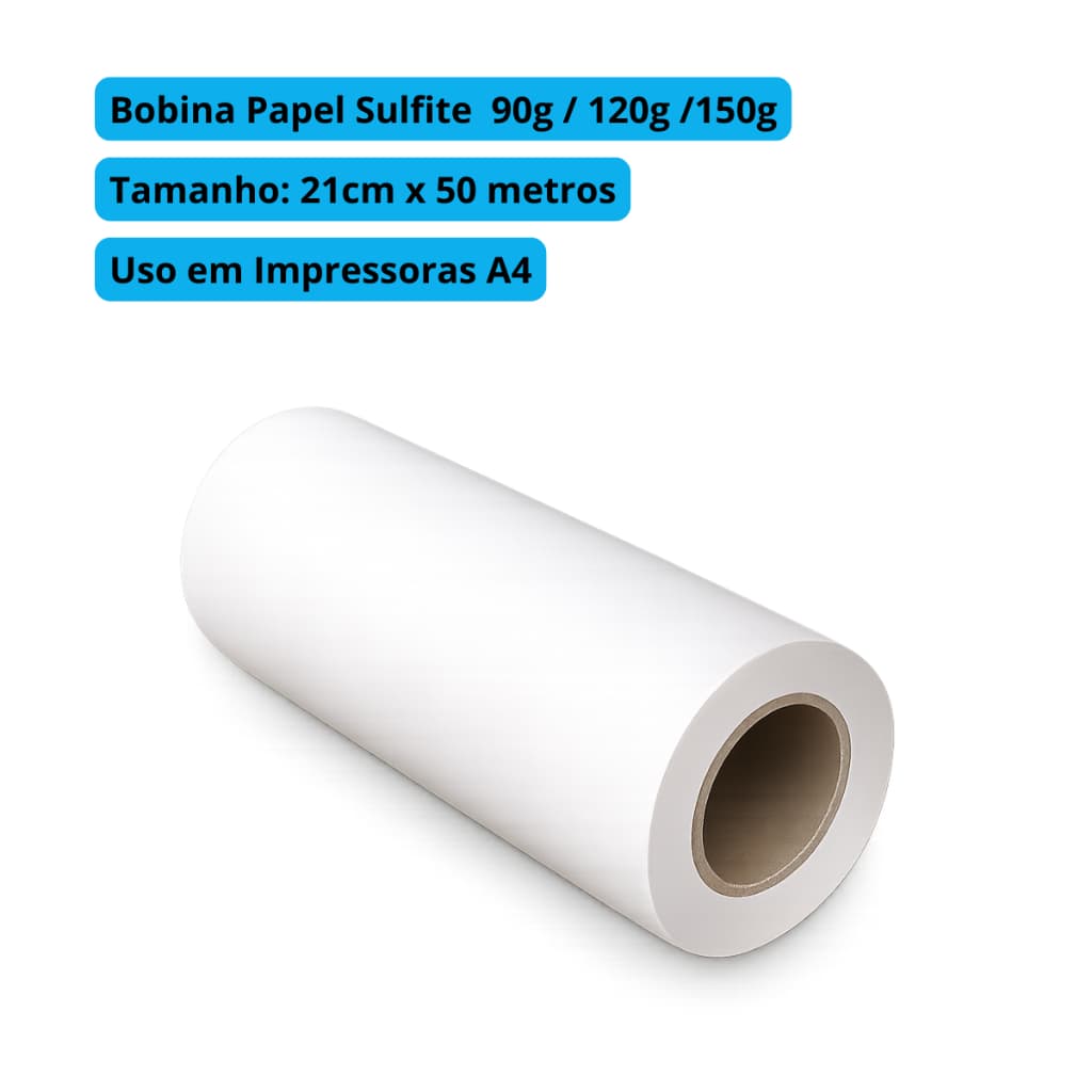 Bobina de Papel Sulfite A4 21cm para Impressão 90g,120g,150g