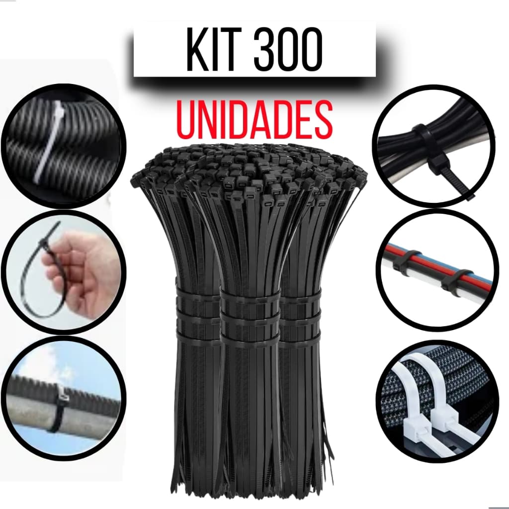 Kit Enforca Gato Abraçadeira 300 Unidades  30cm 20cm 15cm Fita Cinta Plástica Presilha Nylon Amarra