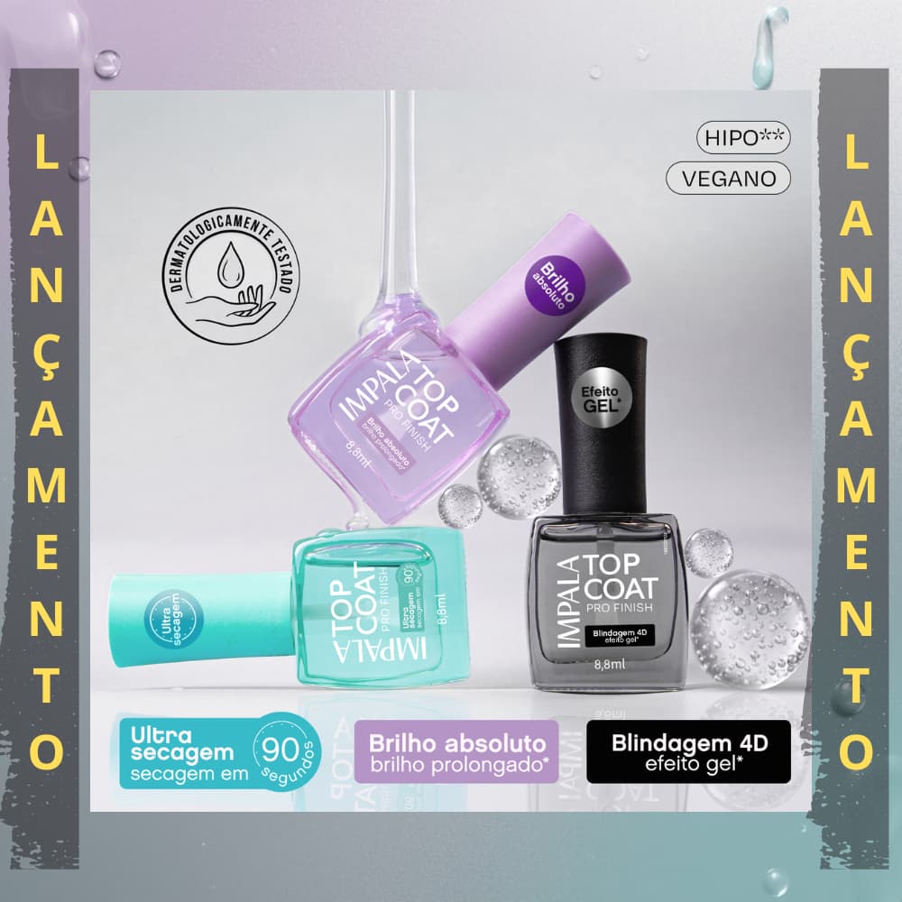 TOP COAT  Impala Pro Finish 8ml Brilho Prolongado + Ultra Secagem 90s + Efeito Gel Blindagem 4D LANÇAMENTO IMPALA