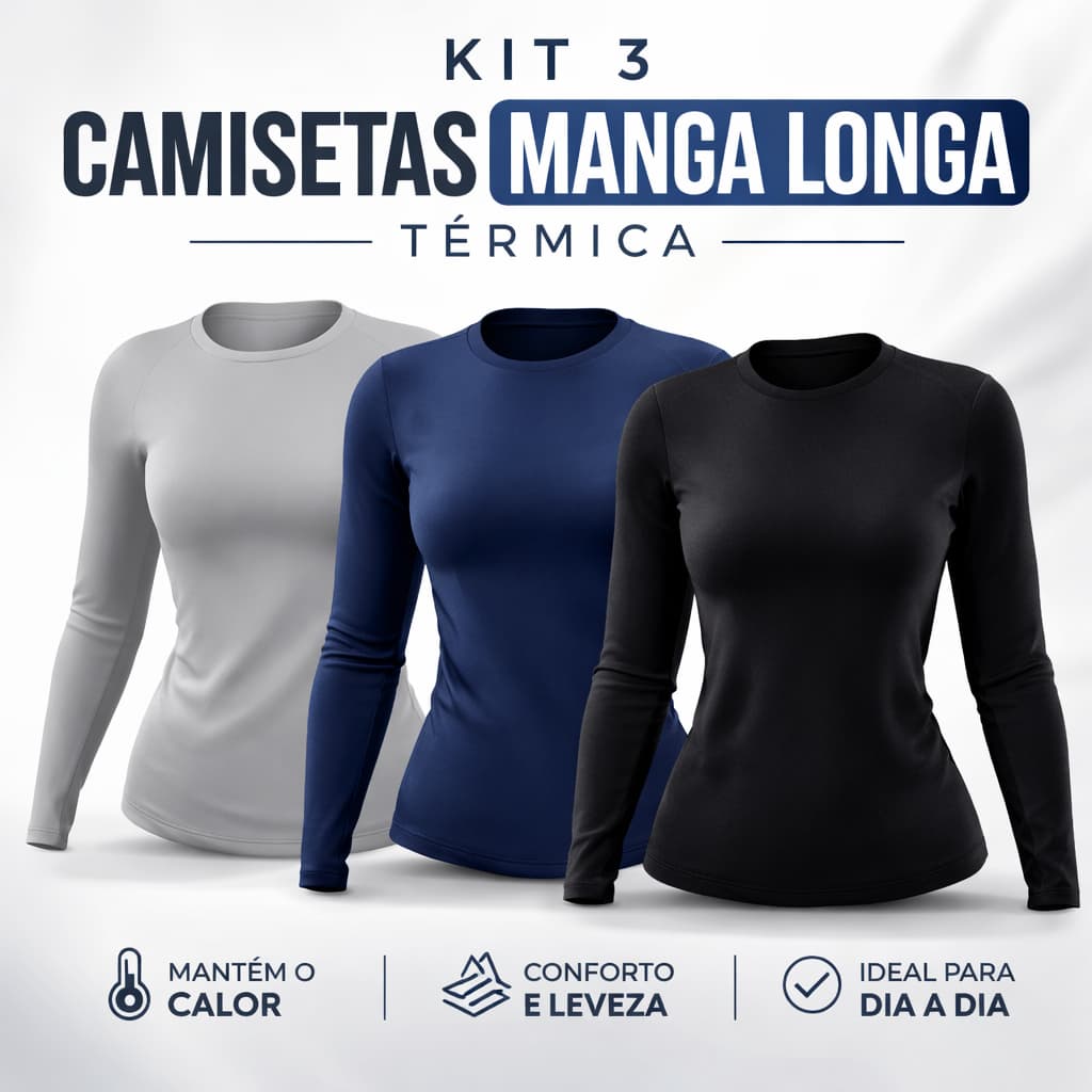 Kit 3 Camisetas Femininas Térmicas Manga Longa Proteção UV 50+