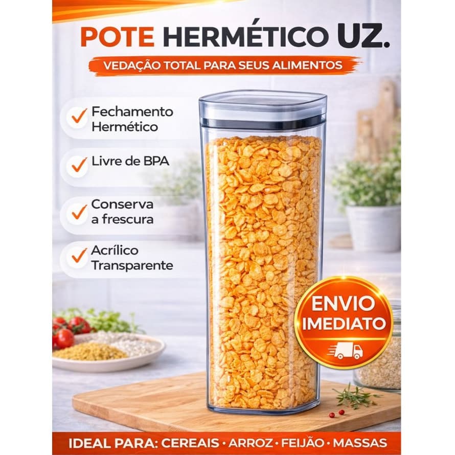 Pote Hermético UZ 2,2 Litros Transparente Empilhável Porta Mantimentos Acrílico Resistente