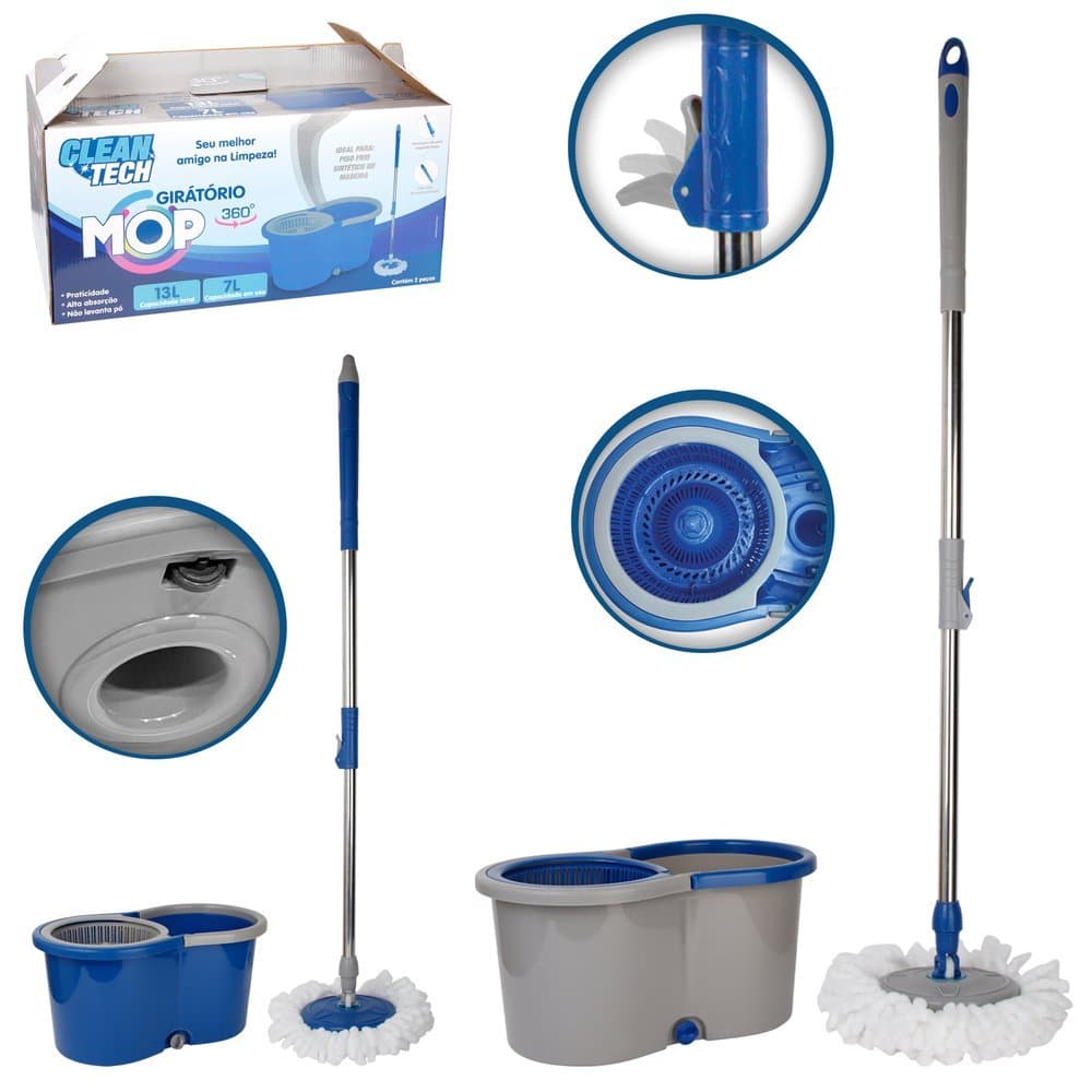 Mop Giratório 13L Mop De Limpeza Balde Rodo Esfregão Sortido Azul Cinza