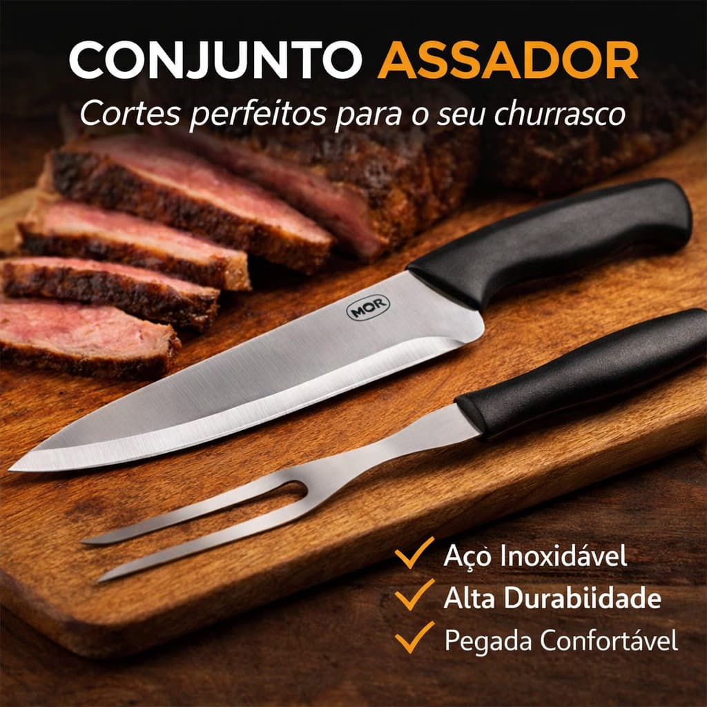 Kit Assador Churrasco Faca Trinchante e Garfo Aço Inox Profissional
