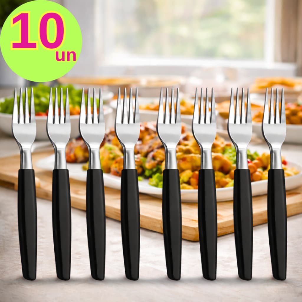 Kit 10 Garfos de Mesa Utensílios de Cozinha Aço Inox Premium com Cabo Preto19cm para Refeições