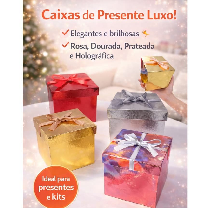 Caixa de Presente Metalizada com Laço cetim 10cm e 15cm Festa Dia dos Pais