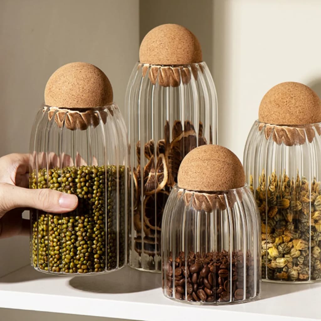 Pote de Vidro Borossilicato Tampa Bola Esfera Cortiça, Mantimentos Café Biscoitos Decoração Enfeite