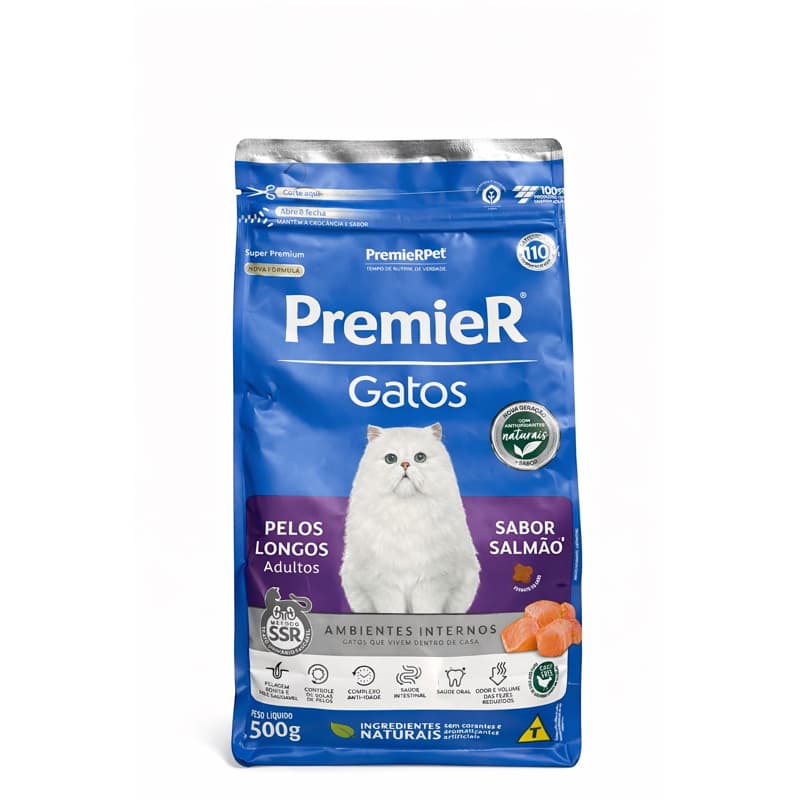 Ração Premier Gatos Pelos Longos Adultos Salmão 500g Para Gatos de Apartamento Super Premium