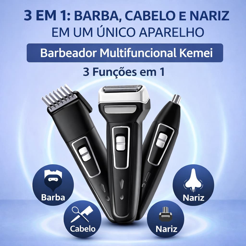 Aparador de Barba e Pelos Barbeador 3 em 1 Recarregável Bivolt (KM6558)