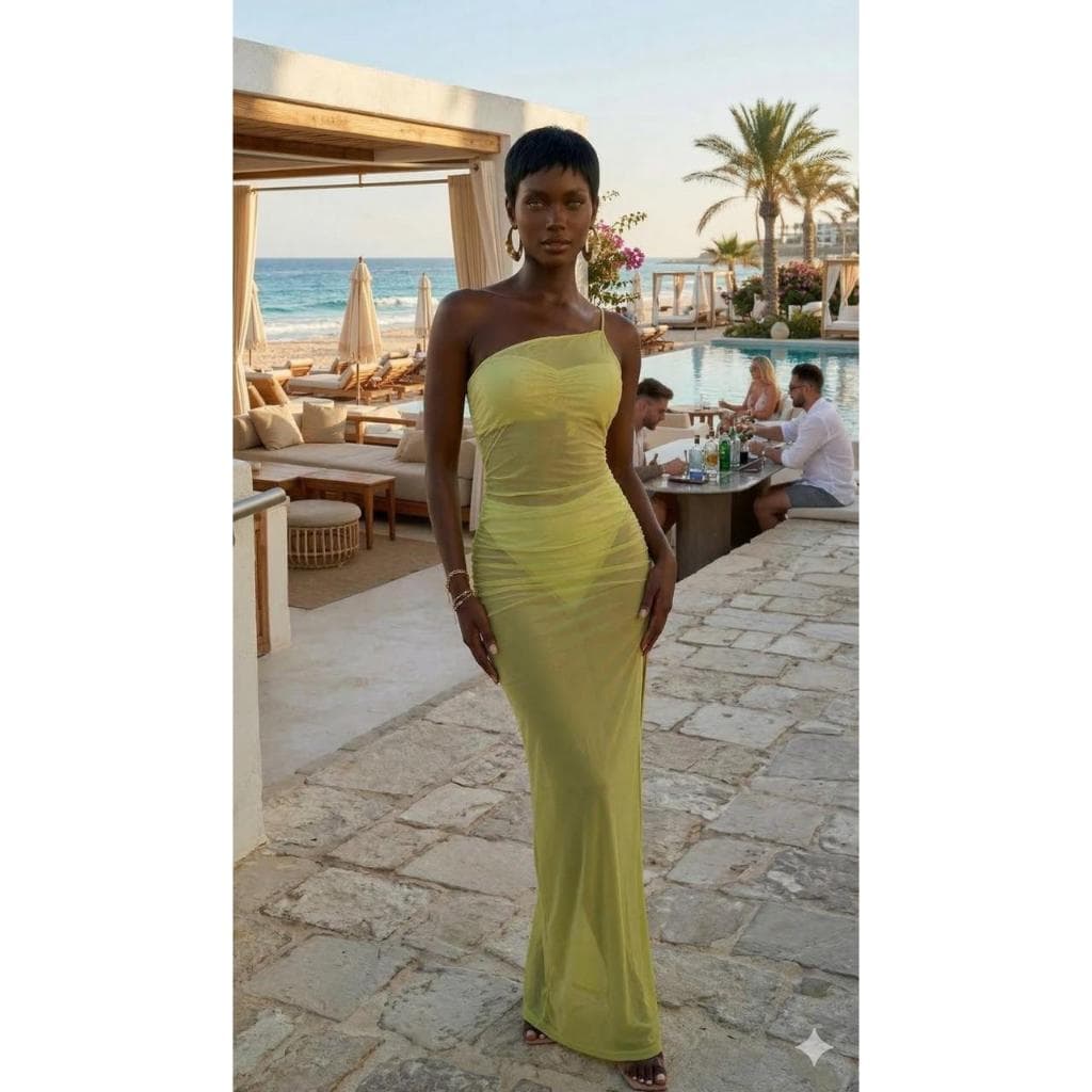 Vestido Midi Fenda Lateral Hadassa Malha de Tule Moda Praia Verão