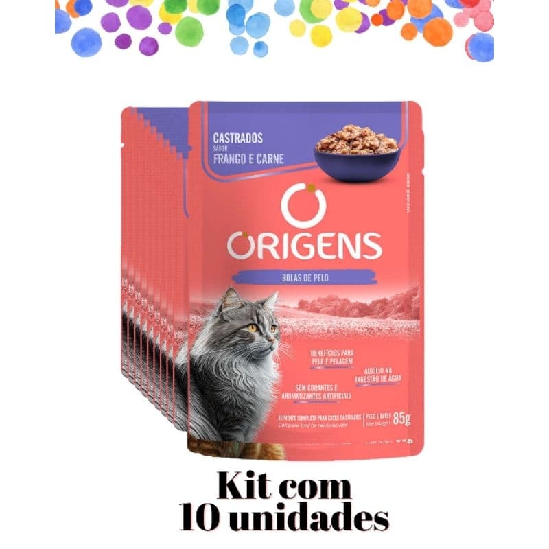 kit 10 unid - Sachê Origens Premium Especial Gatos Adultos Castrados Sabor Frango e Carne 85g - Ração úmida